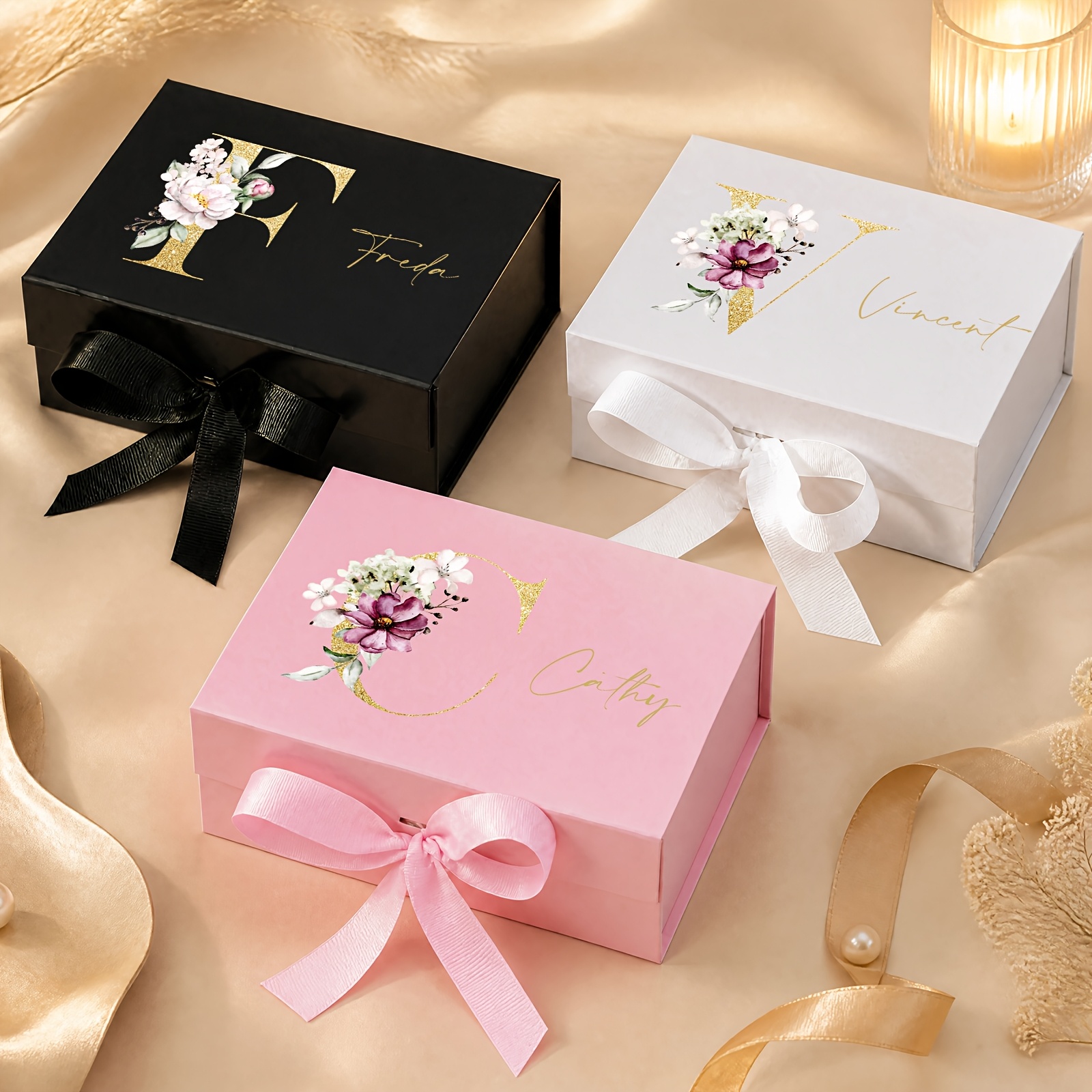 Custom Name Gift Box with Floral Letter Design for Bridesmaids